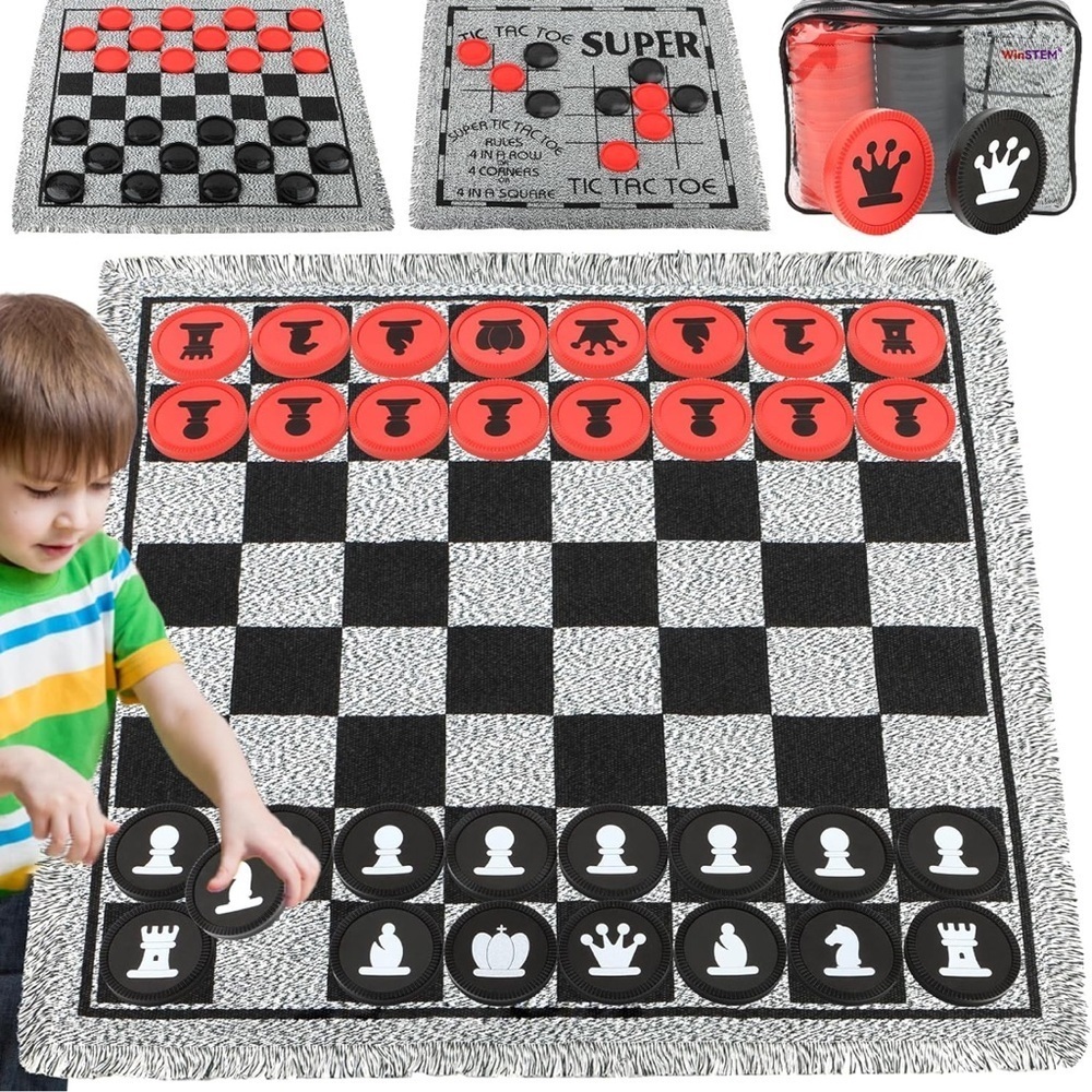 Giant 4 in 1 Checker Set Tic Tac Toe Board Game Mat Indoor Outdoor Games Camping